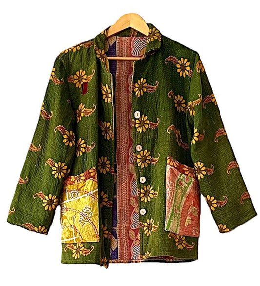 Specialty Collection: Updated Kantha Stitched Jacket With A Contemporary Flair (Olive Floral)