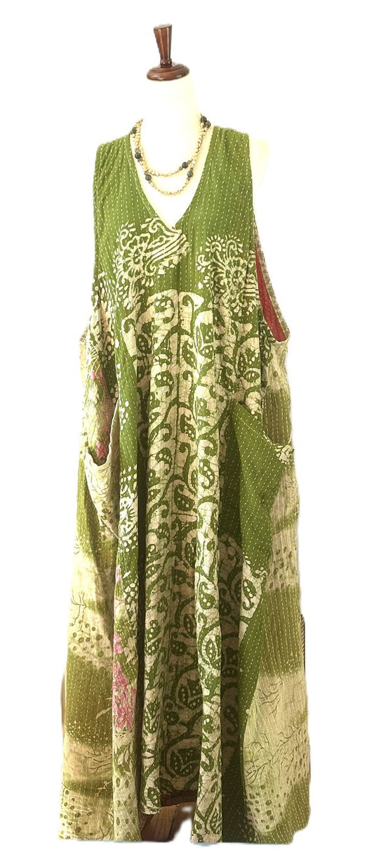 Kantha Bae Favorite: Harmony Mixed Print Maxi Cotton Dress or Jumper (Green)