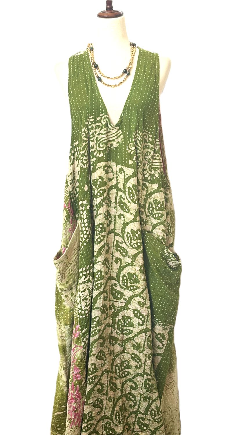 Kantha Bae Favorite: Harmony Mixed Print Maxi Cotton Dress or Jumper (Green)