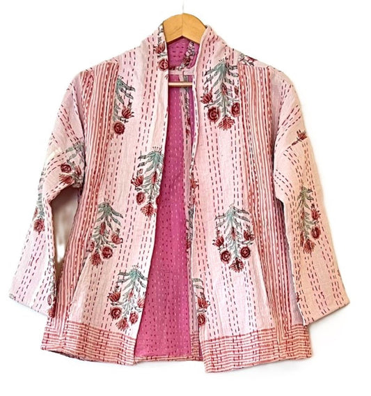 Kantha Quilted Short Handmade Cotton Jacket With Border (Pink)