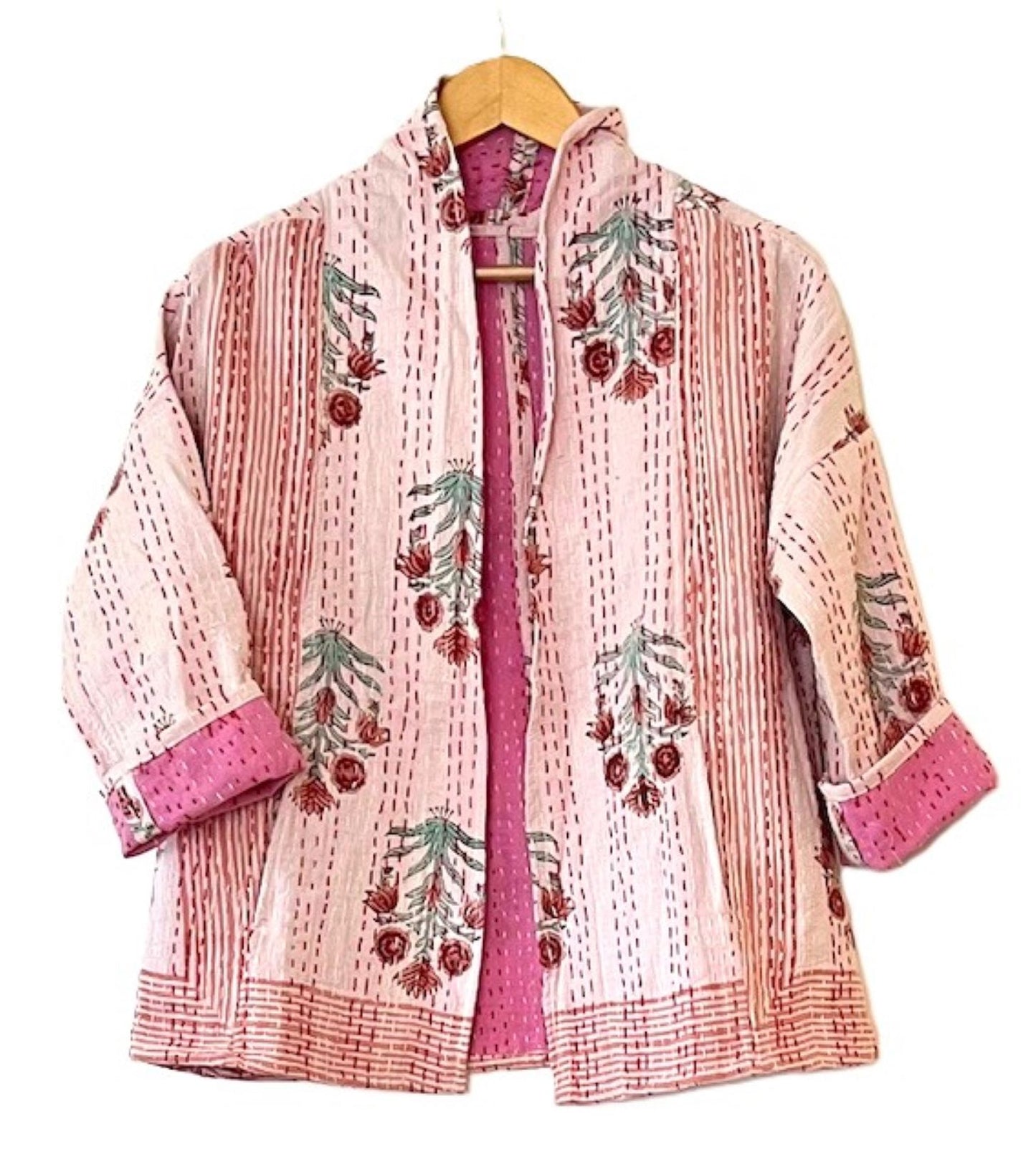 Kantha Quilted Short Handmade Cotton Jacket With Border (Pink)