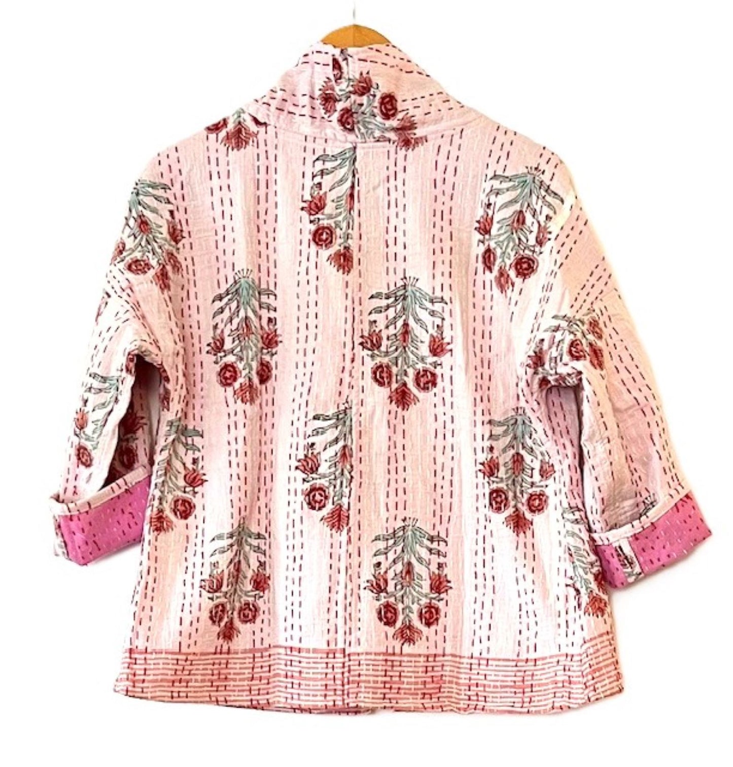 Kantha Quilted Short Handmade Cotton Jacket With Border (Pink)