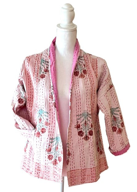 Kantha Quilted Short Handmade Cotton Jacket With Border (Pink)