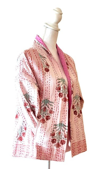 Kantha Quilted Short Handmade Cotton Jacket With Border (Pink)