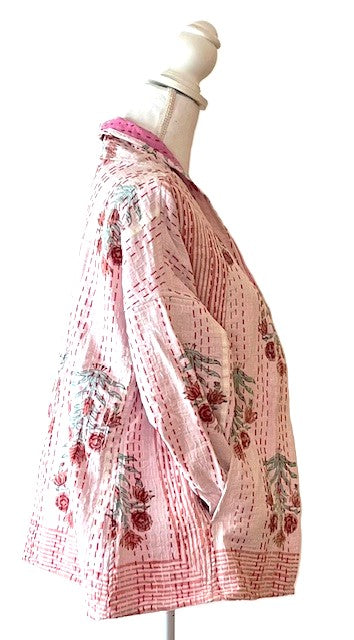 Kantha Quilted Short Handmade Cotton Jacket With Border (Pink)