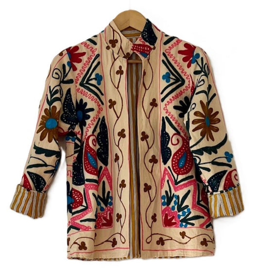 Short Box Cut Suzani Hand Embroidered Reversible Boho Jacket, Wild West