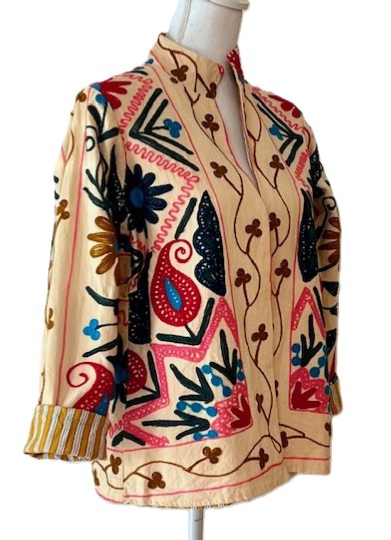 Short Box Cut Suzani Hand Embroidered Reversible Boho Jacket, Wild West