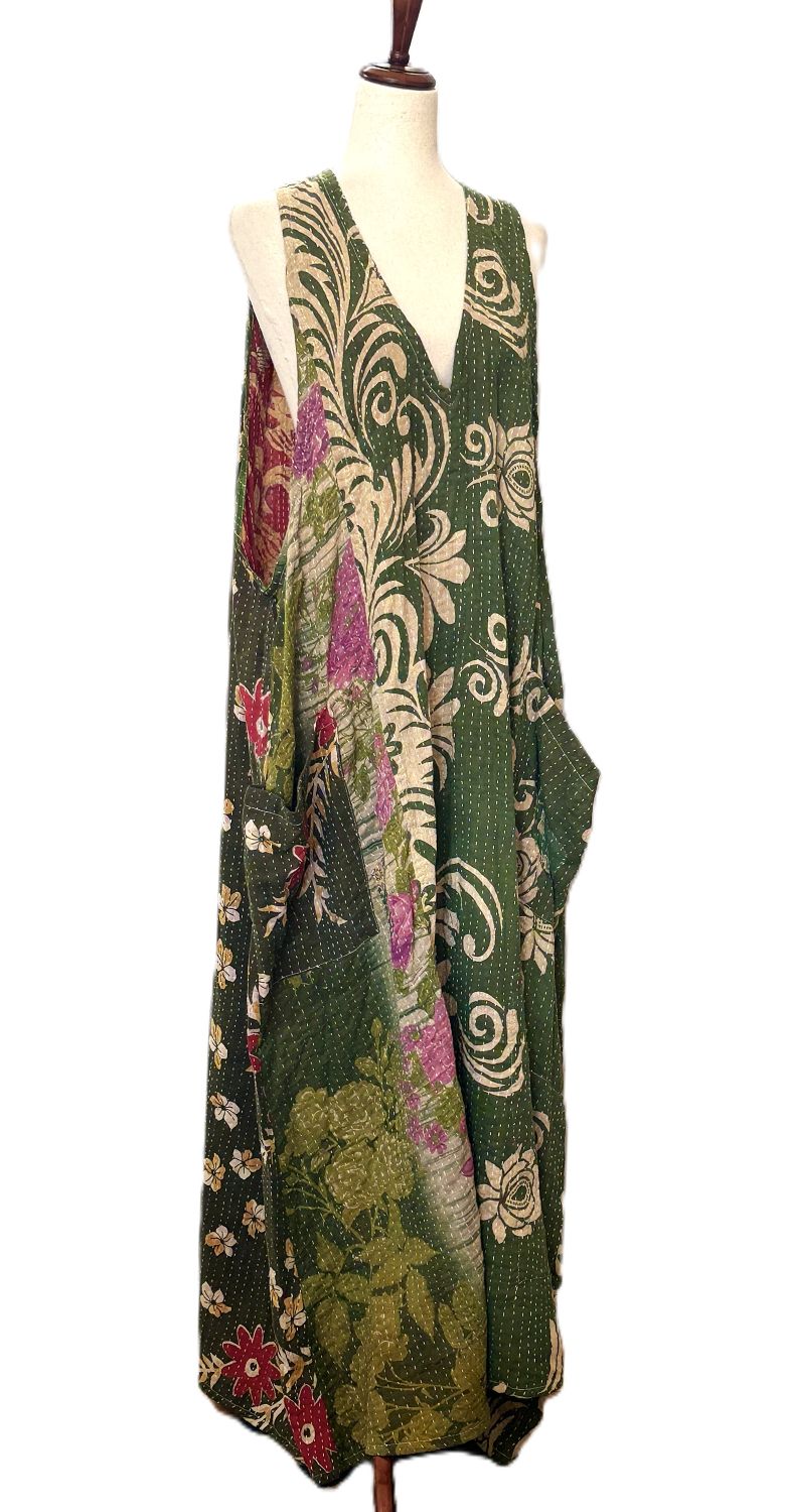 Kantha Bae Favorite: Harmony Mixed Print Maxi Cotton Dress or Jumper (Pink Green)