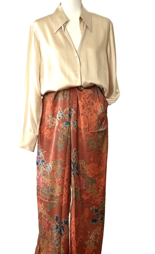 Pants. Satin Rust Palazzo Print. Colorful And Elegant.