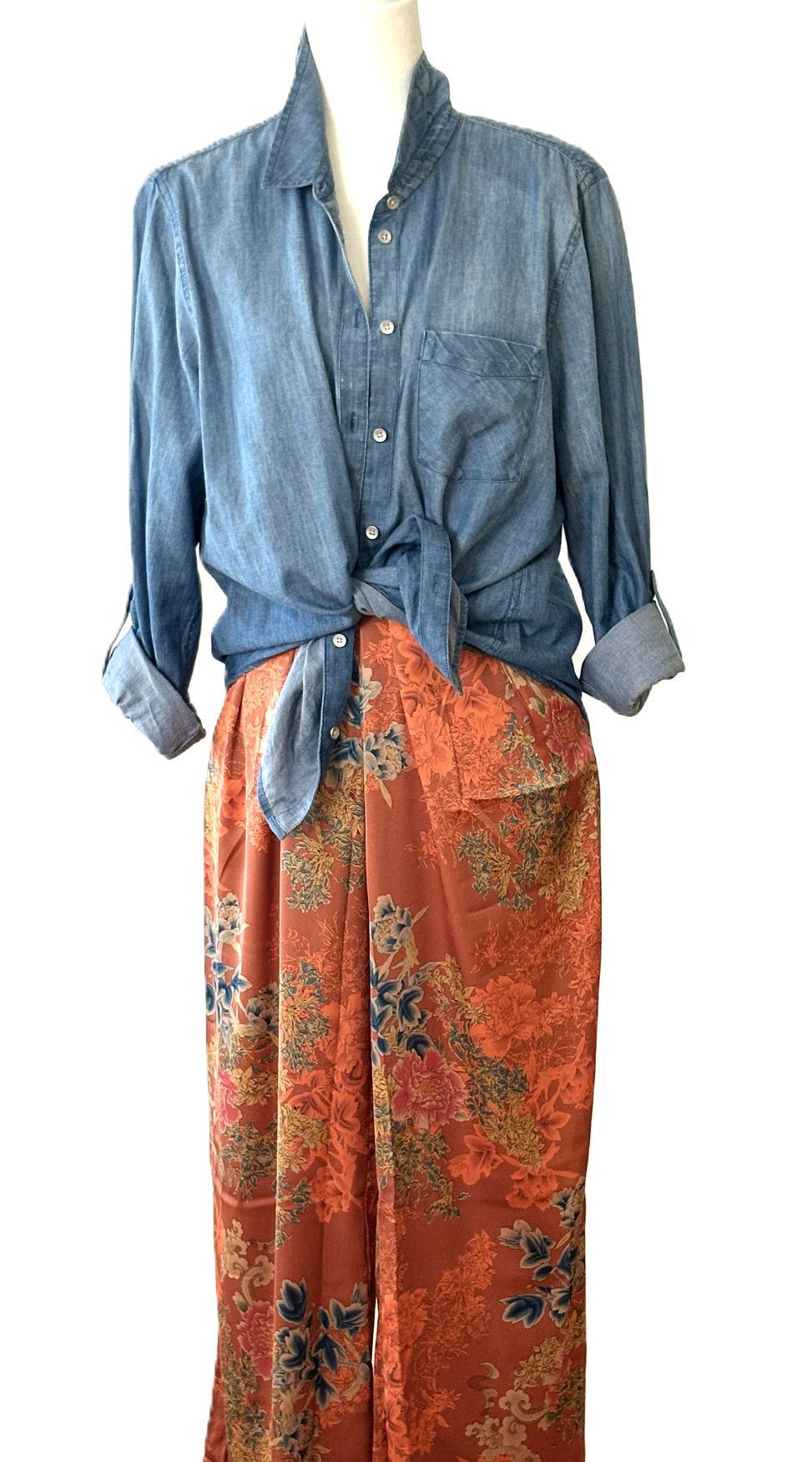 Pants. Satin Rust Palazzo Print. Colorful And Elegant.