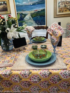 Hazel Block Print Floral Table Cloth Is Bright and Fresh (Gold and Pink)