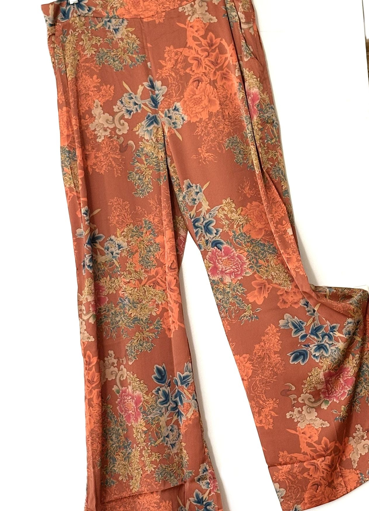 Pants. Satin Rust Palazzo Print. Colorful And Elegant.