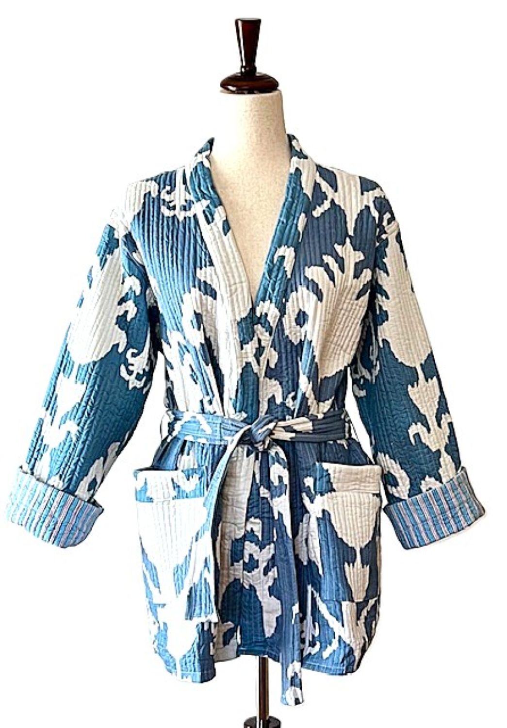 Reversible Cotton Quilted Kimono Duster: Kantha Stitch (Blue)