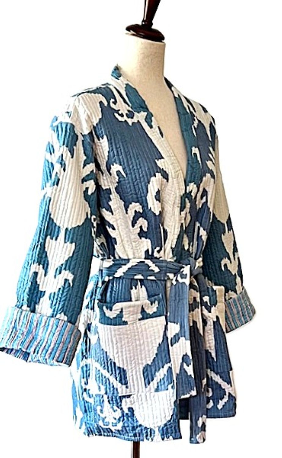 Reversible Cotton Quilted Kimono Duster: Kantha Stitch (Blue)