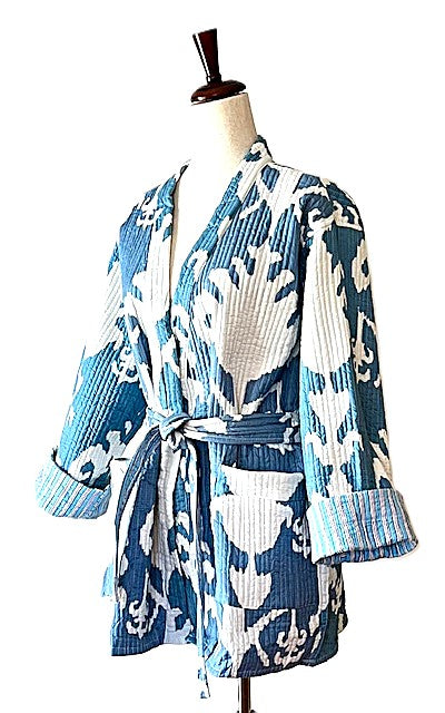Reversible Cotton Quilted Kimono Duster: Kantha Stitch (Blue)