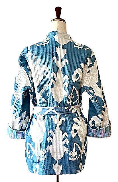 Reversible Cotton Quilted Kimono Duster: Kantha Stitch (Blue)