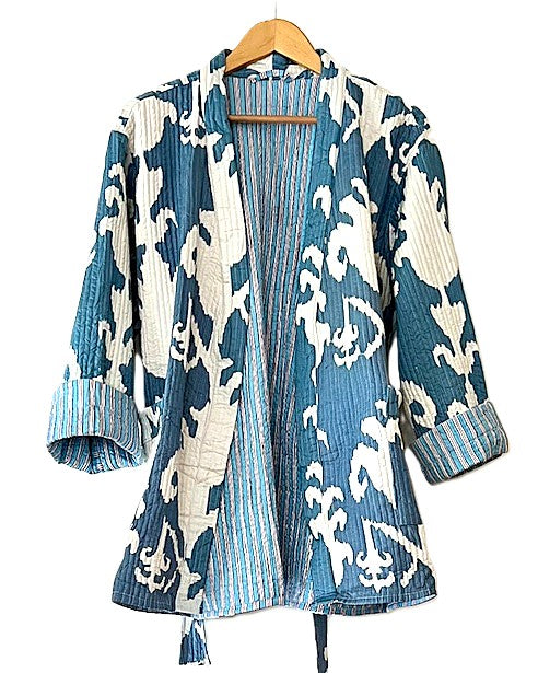 Reversible Cotton Quilted Kimono Duster: Kantha Stitch (Blue)