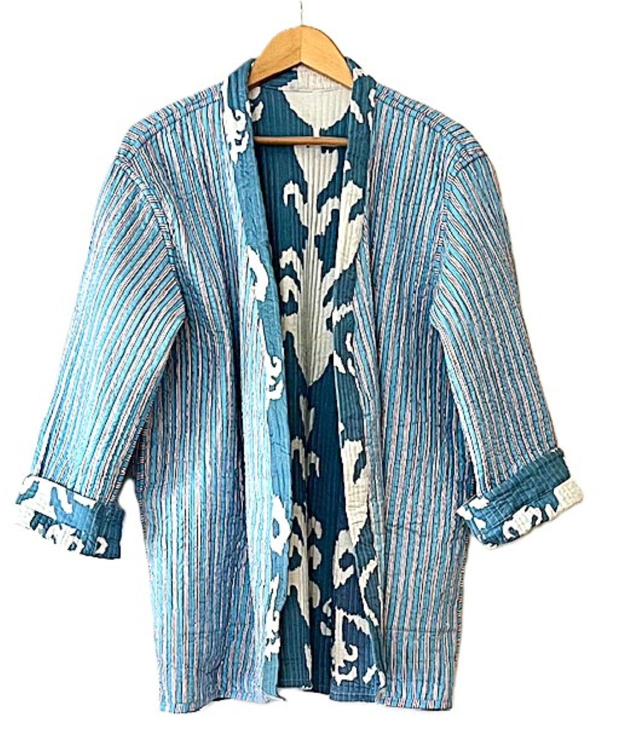 Reversible Cotton Quilted Kimono Duster: Kantha Stitch (Blue)