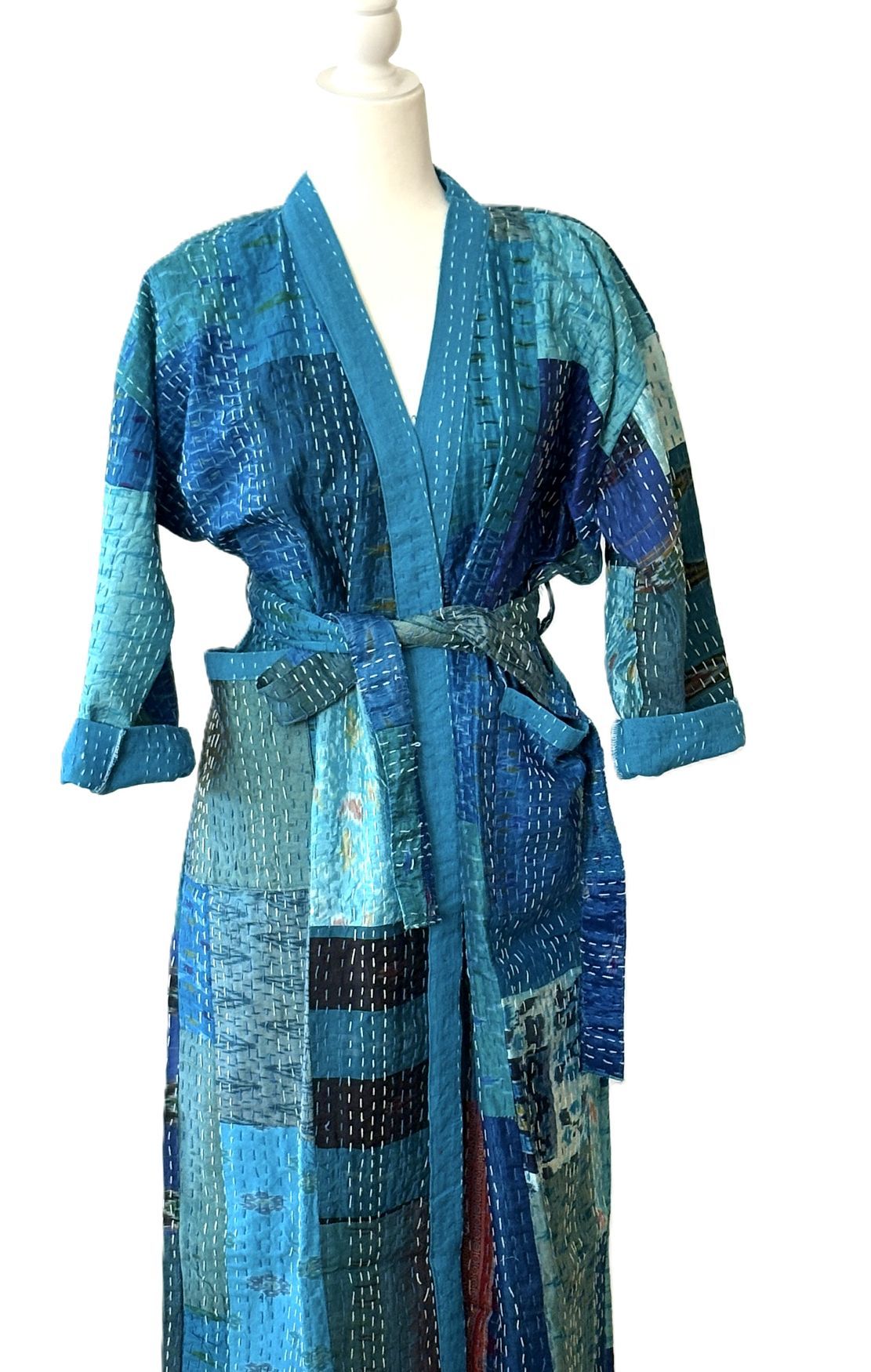 Spectacular Long Designer Patchwork Silk Kimono In A Knock Out Color. (Blue)