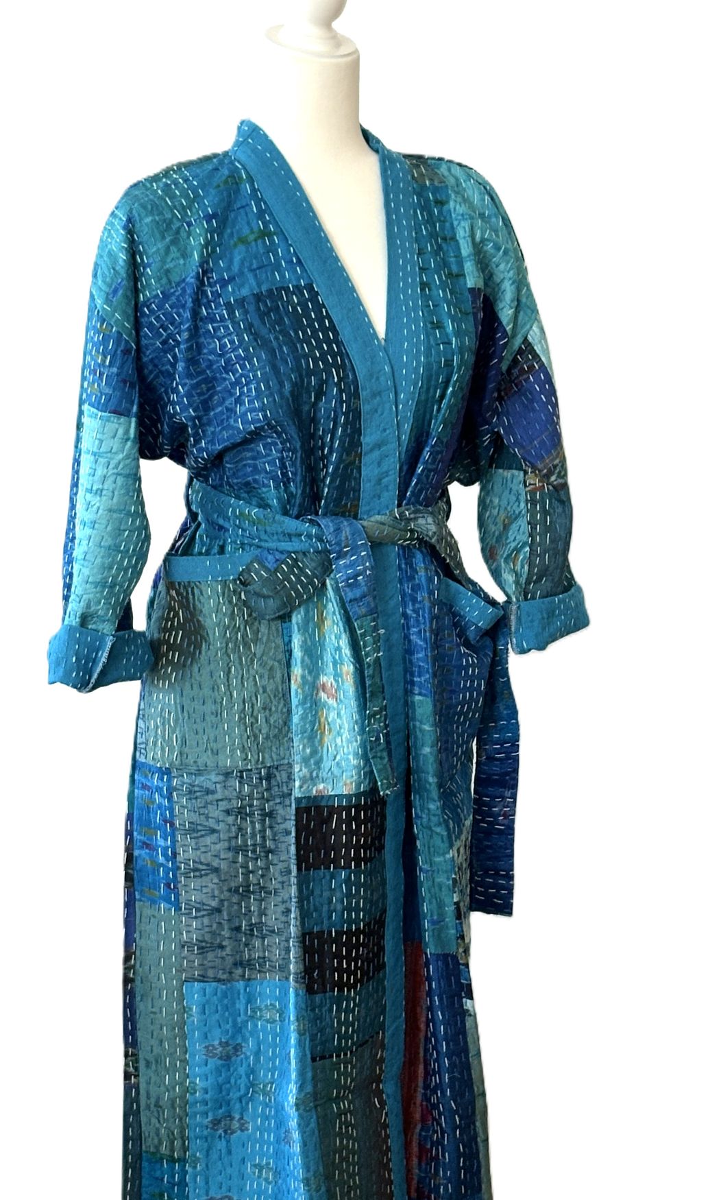 Spectacular Long Designer Patchwork Silk Kimono In A Knock Out Color. (Blue)