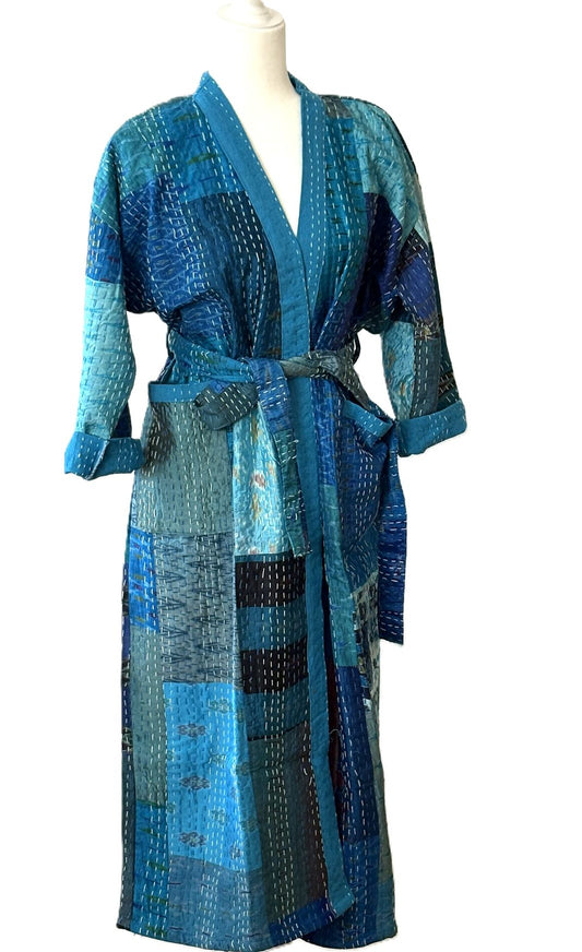 Spectacular Long Designer Patchwork Silk Kimono In A Knock Out Color. (Blue)