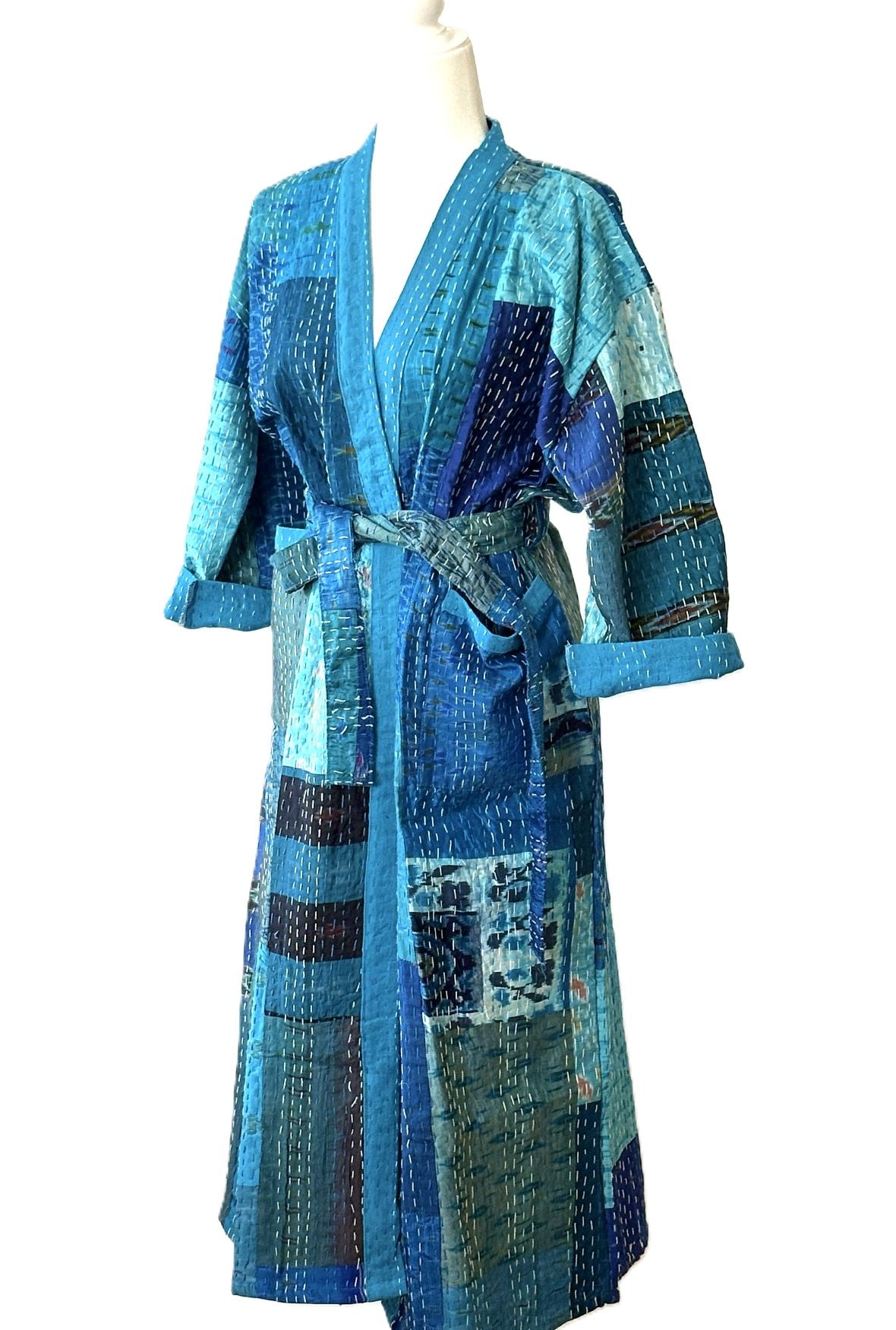 Spectacular Long Designer Patchwork Silk Kimono In A Knock Out Color. (Blue)