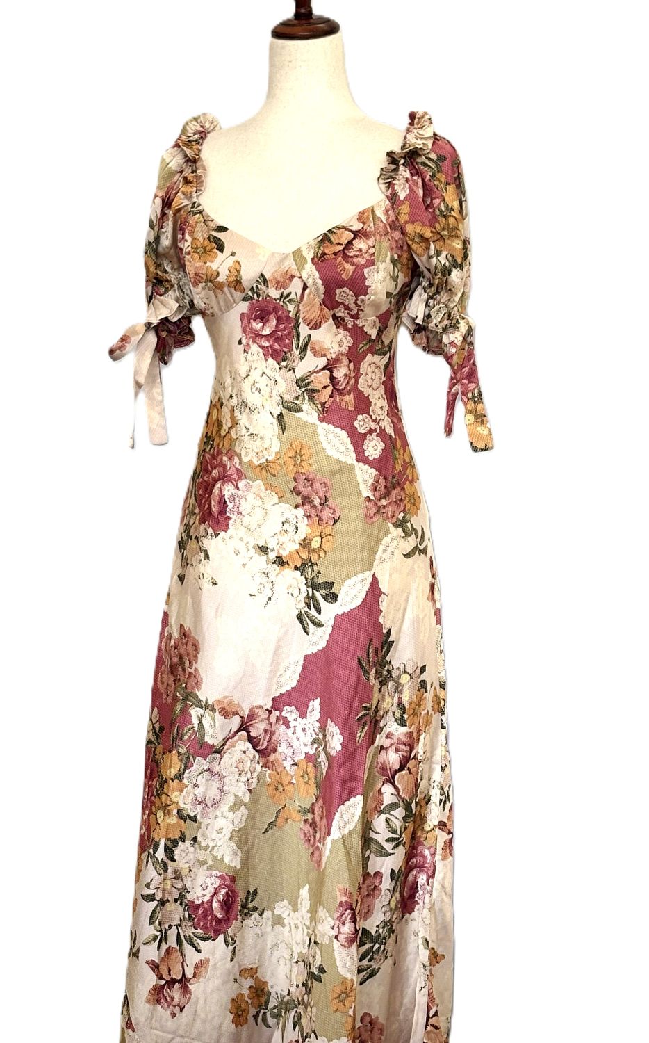 Dresses: Patchwork Floral Bow Tie Puff Sleeve Dress (Fall Colors)