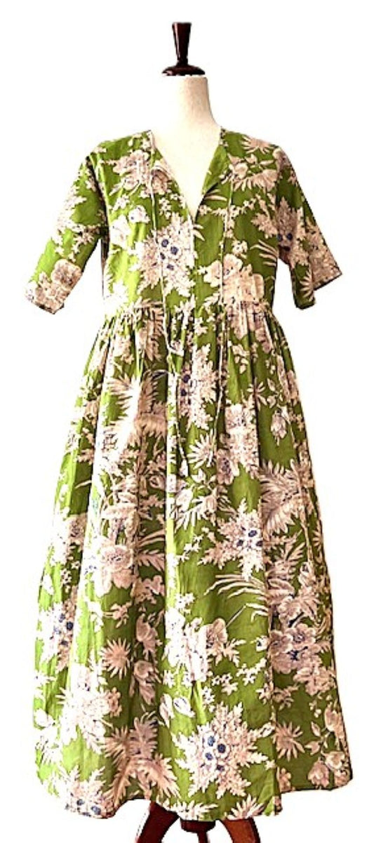 Dresses: New Floral Cotton Handblock Midi. Perfect For Fall. (Avocado)