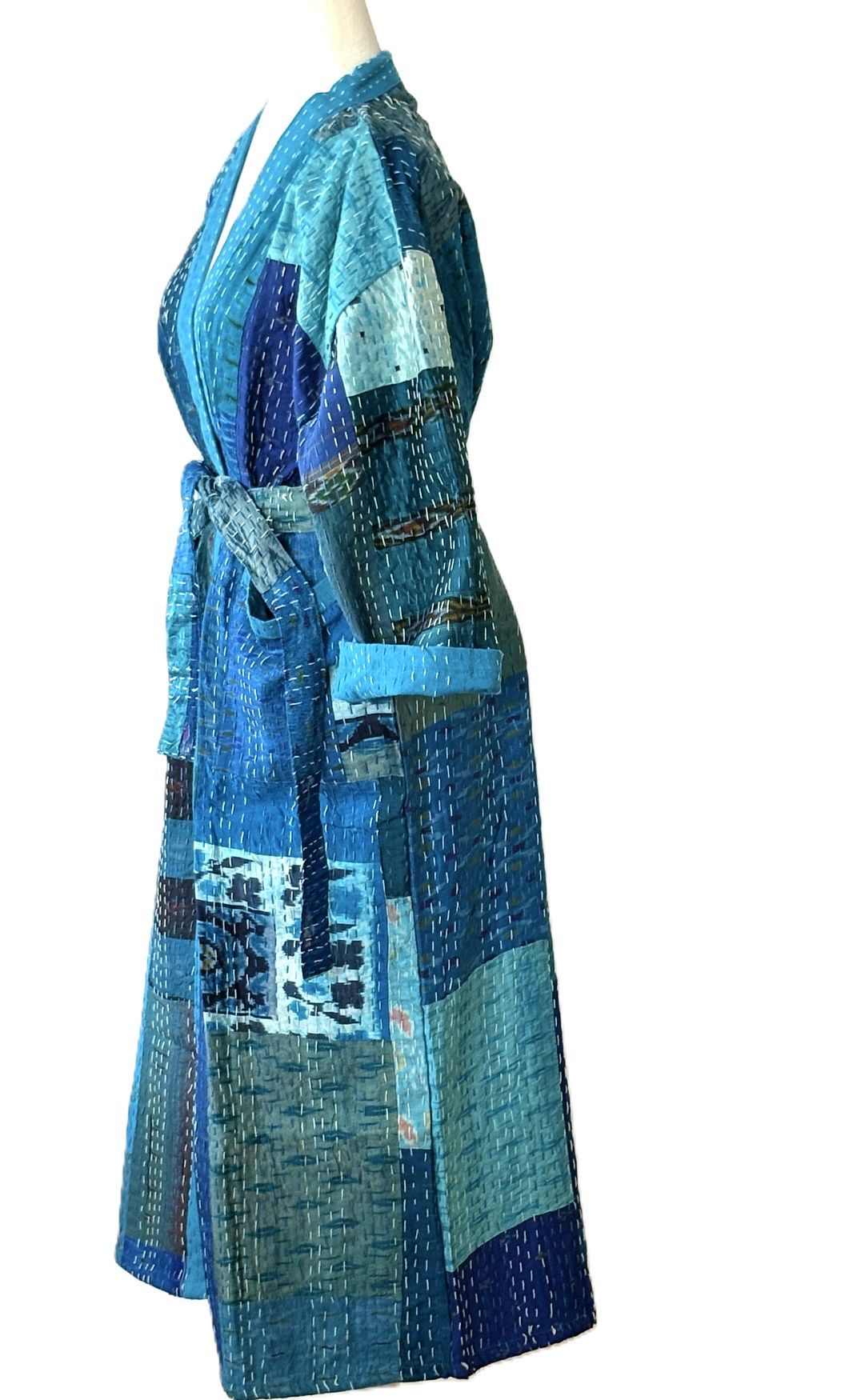 Spectacular Long Designer Patchwork Silk Kimono In A Knock Out Color. (Blue)