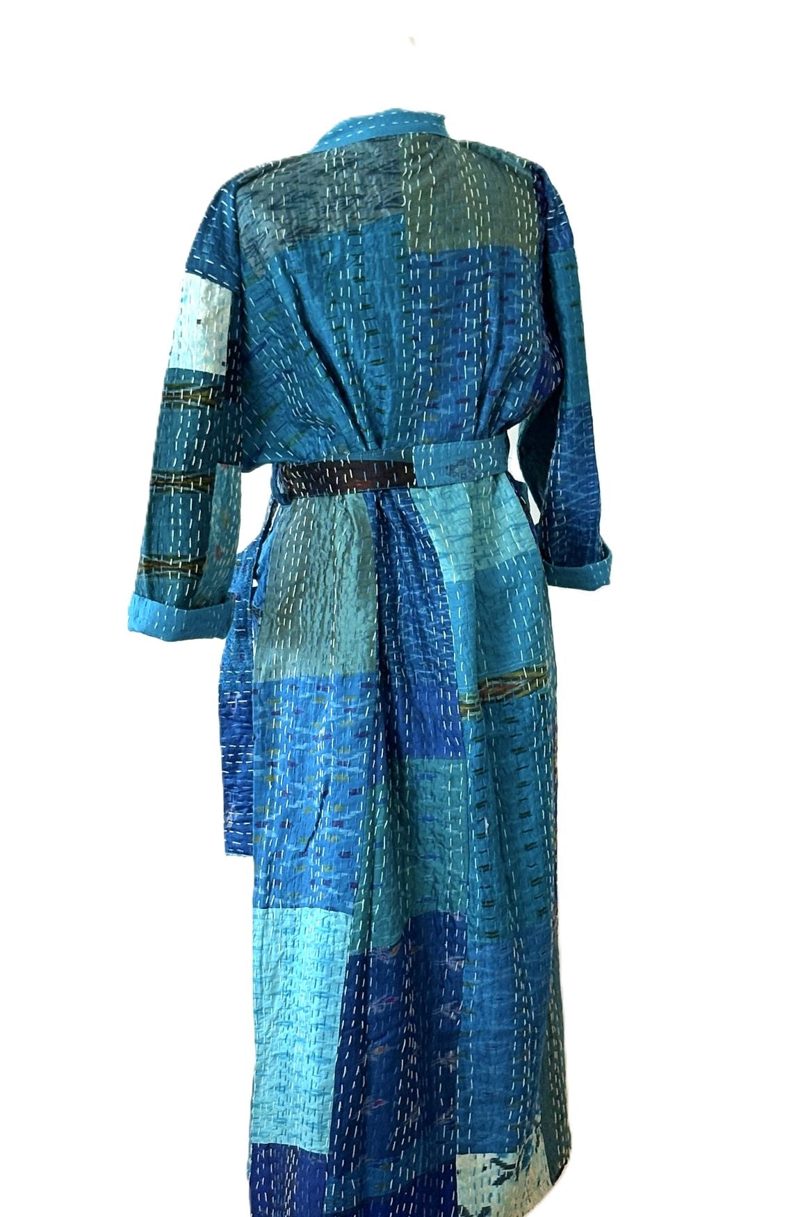 Spectacular Long Designer Patchwork Silk Kimono In A Knock Out Color. (Blue)