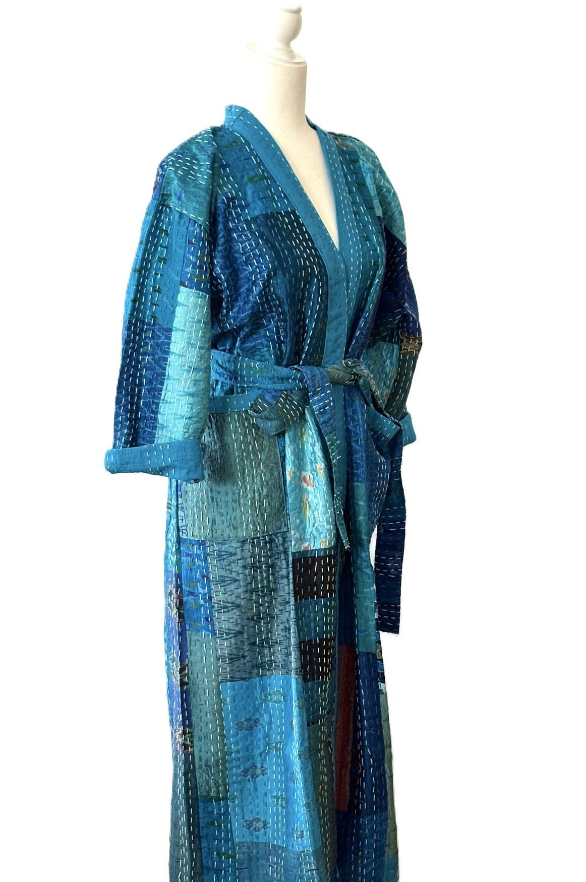 Spectacular Long Designer Patchwork Silk Kimono In A Knock Out Color. (Blue)