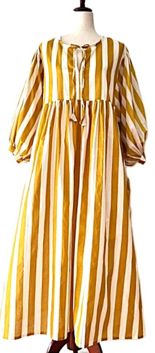 Dresses: Smart Stripe Cotton Handblock Midi. Seasonless. (Mustard)