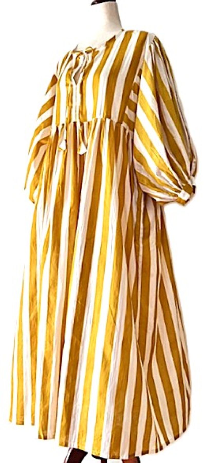 Dresses: Smart Stripe Cotton Handblock Midi. Seasonless. (Mustard)