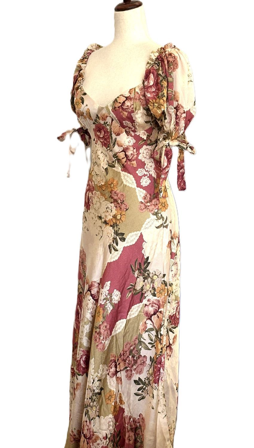 Dresses: Patchwork Floral Bow Tie Puff Sleeve Dress (Fall Colors)