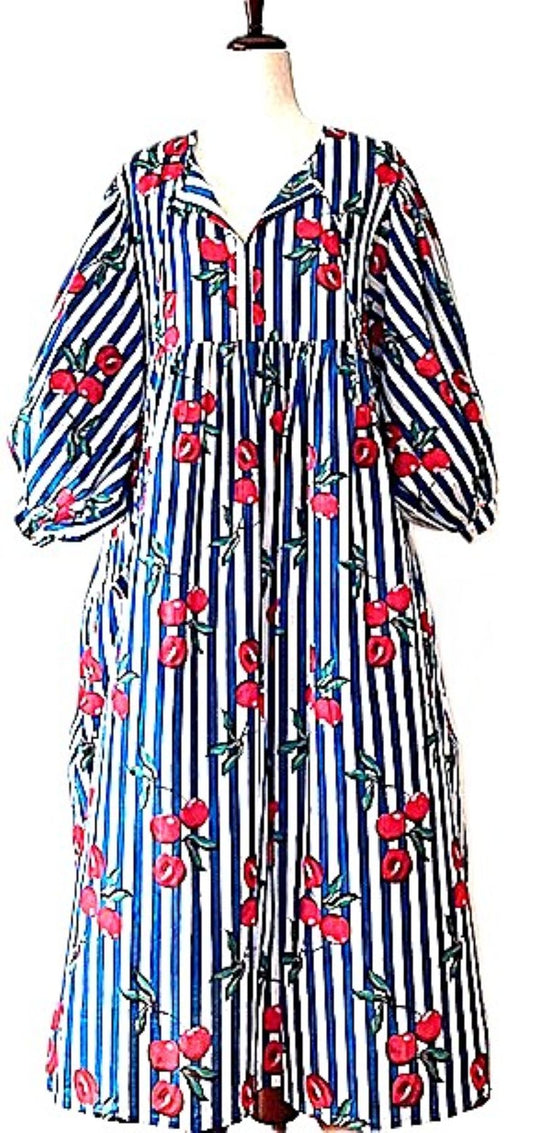 Dresses: Smart Striped Cotton Handblock Midi With Cherries. Cute. (Navy)