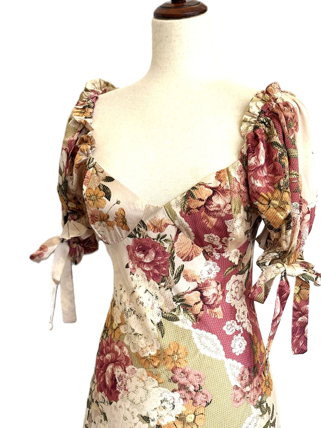 Dresses: Patchwork Floral Bow Tie Puff Sleeve Dress (Fall Colors)