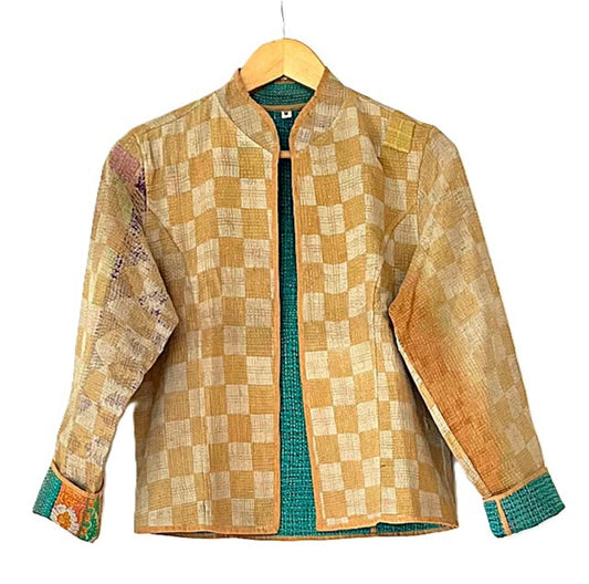 Jacket: Fully Reversible Short Quilted With Kantha Stitching. (Bronze, Green)