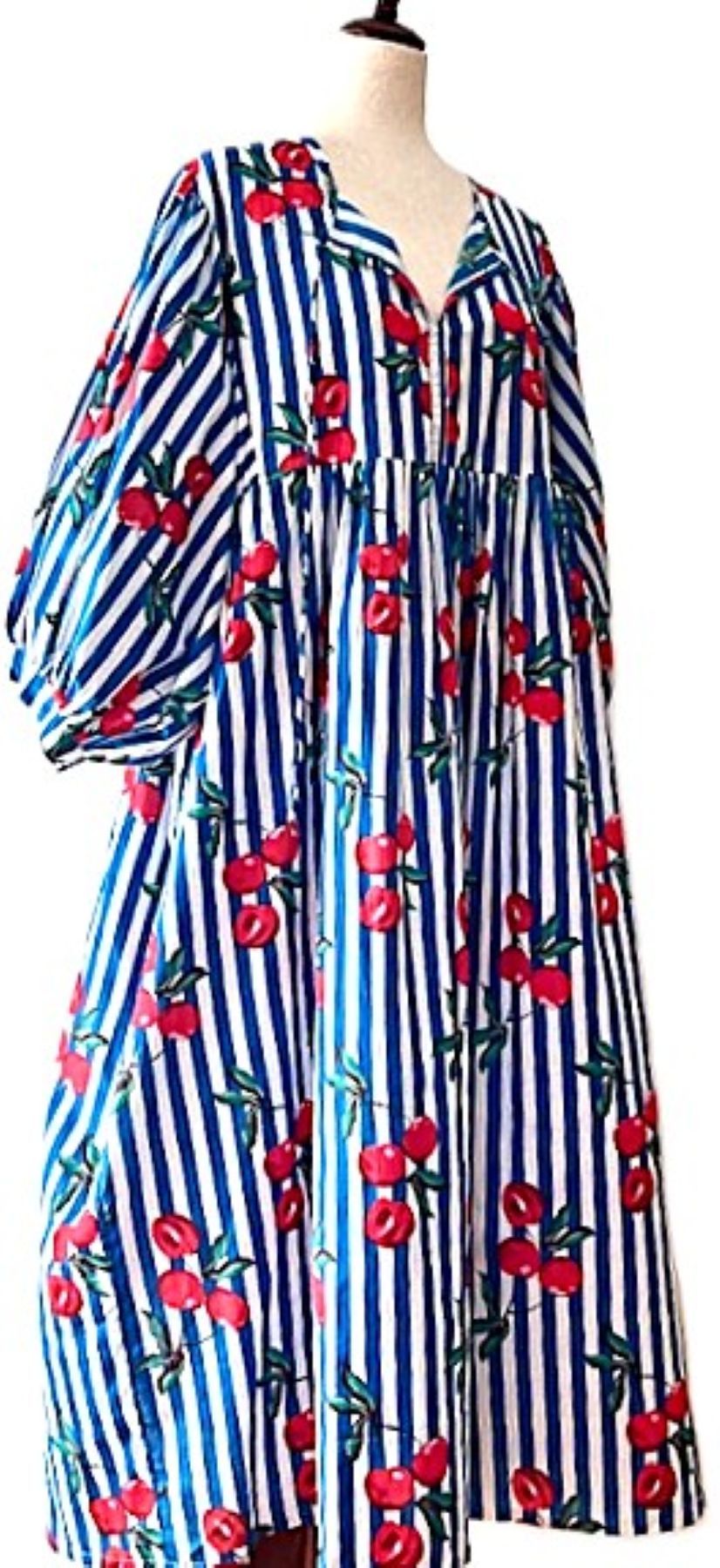Dresses: Smart Striped Cotton Handblock Midi With Cherries. Cute. (Navy)
