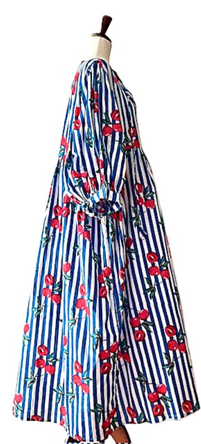 Dresses: Smart Striped Cotton Handblock Midi With Cherries. Cute. (Navy)