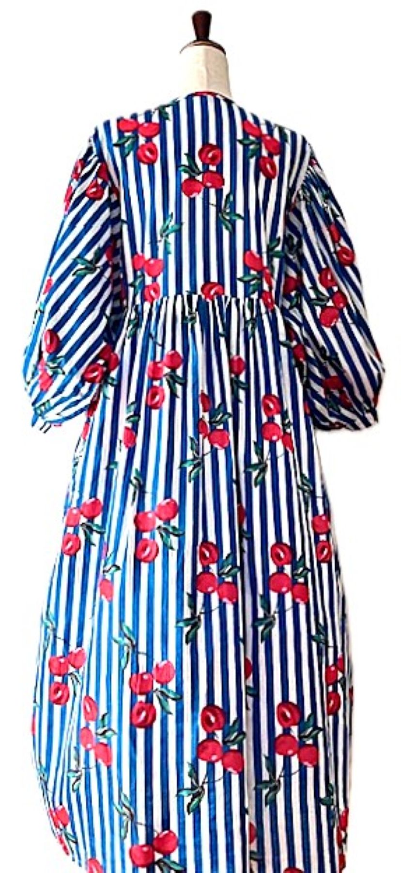 Dresses: Smart Striped Cotton Handblock Midi With Cherries. Cute. (Navy)