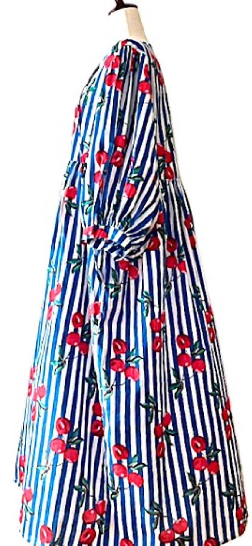Dresses: Smart Striped Cotton Handblock Midi With Cherries. Cute. (Navy)