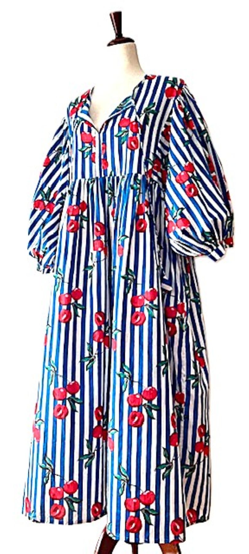 Dresses: Smart Striped Cotton Handblock Midi With Cherries. Cute. (Navy)