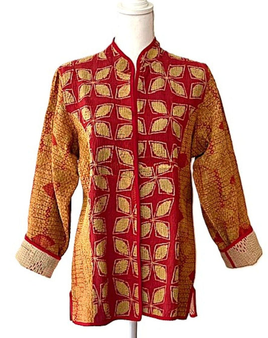 Jacket, Fully Reversible Short Quilted With Kantha Stitching. (Bronze, Red)