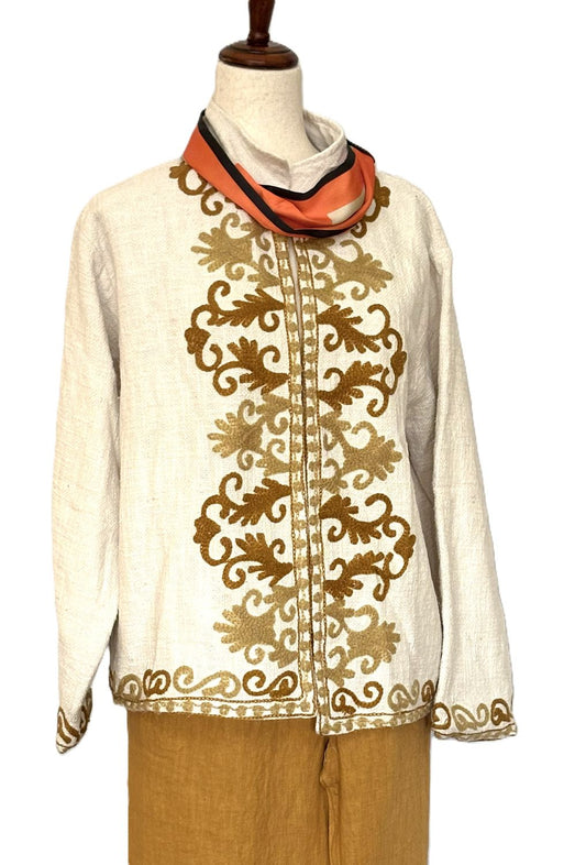 Specialty Collection: Easy, Tailored Short Jacket, Hand Embroidered. (Cream Gold)