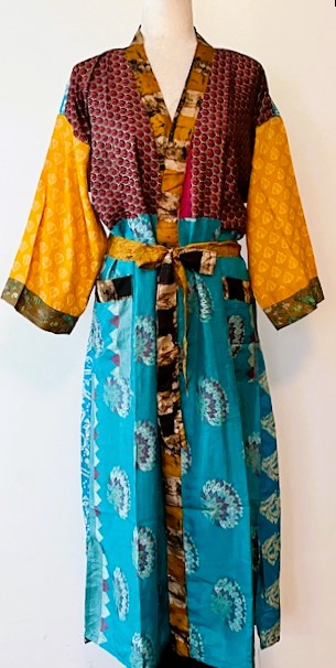 Luxury Silk Kimono Duster Dress:  Dramatic Bold Color Print Mix