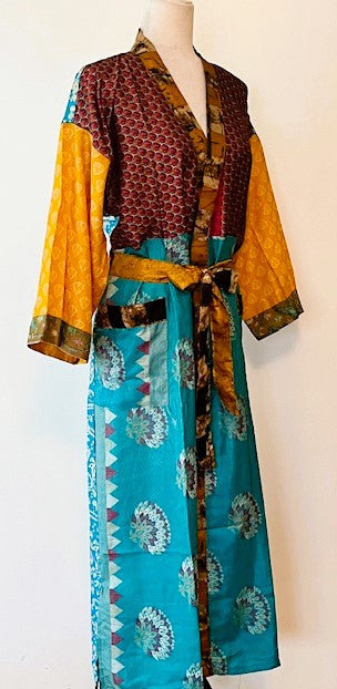 Luxury Silk Kimono Duster Dress:  Dramatic Bold Color Print Mix