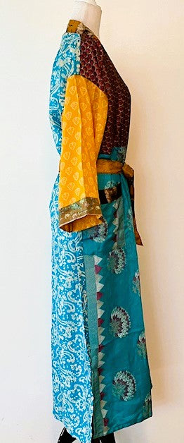 Luxury Silk Kimono Duster Dress:  Dramatic Bold Color Print Mix