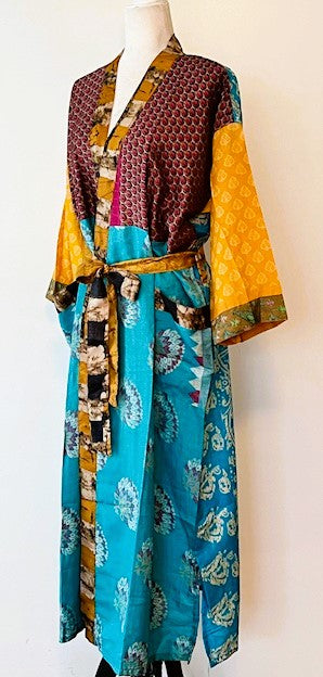 Luxury Silk Kimono Duster Dress:  Dramatic Bold Color Print Mix