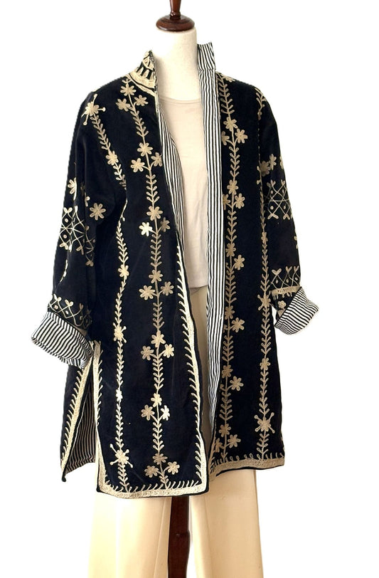 Jacket - Wearable Art, Hand Embroidered Kimono Coat (Black)