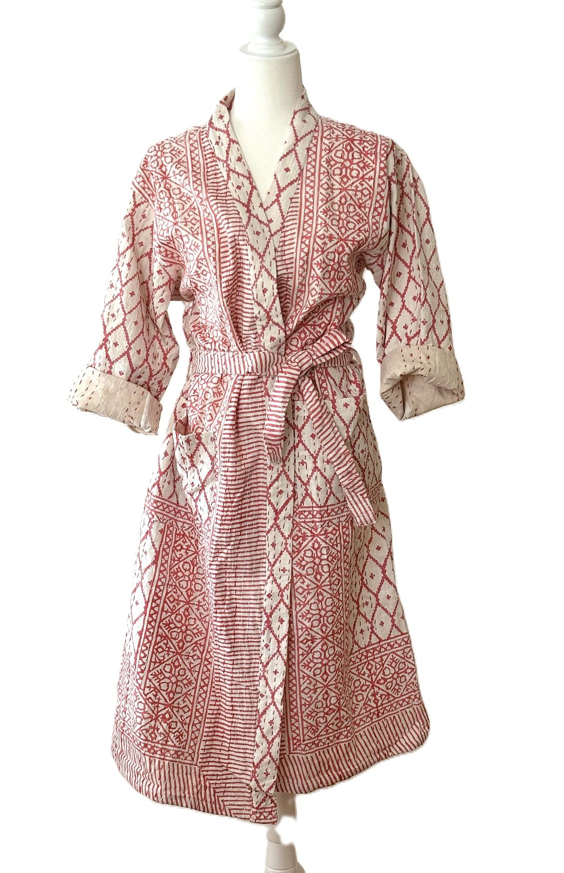 Short Cotton Print Kimono Duster With Kantha Stitching (Pink). Valentine's Ready.